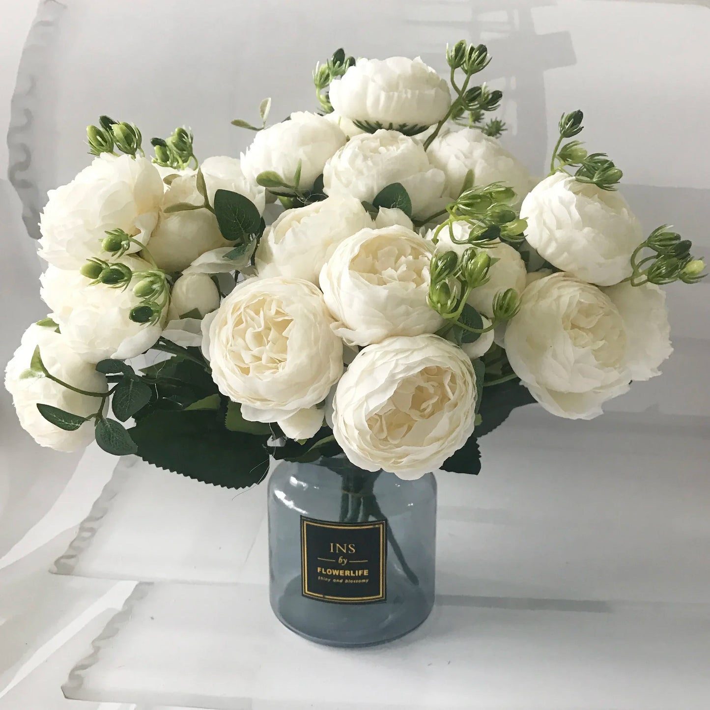 30Cm Rose Pink Silk Peony Artificial Flowers Bouquet 5 Big Head and 4 Bud Cheap Fake Flowers for Home Wedding Decoration Indoor