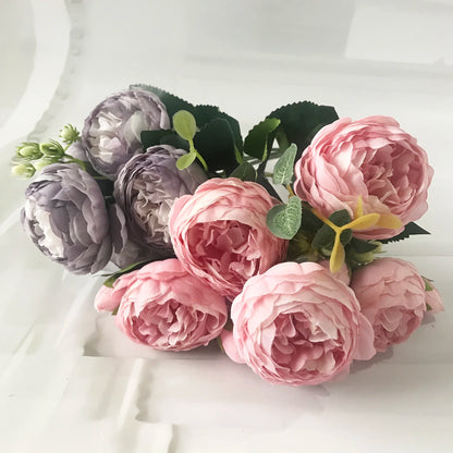 30Cm Rose Pink Silk Peony Artificial Flowers Bouquet 5 Big Head and 4 Bud Cheap Fake Flowers for Home Wedding Decoration Indoor