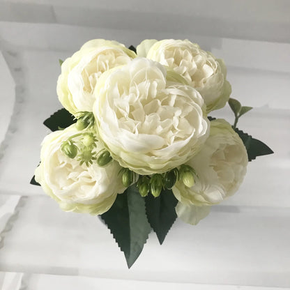 30Cm Rose Pink Silk Peony Artificial Flowers Bouquet 5 Big Head and 4 Bud Cheap Fake Flowers for Home Wedding Decoration Indoor