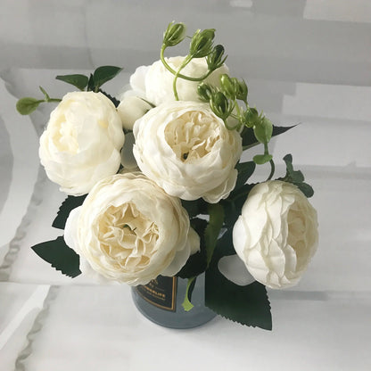 30Cm Rose Pink Silk Peony Artificial Flowers Bouquet 5 Big Head and 4 Bud Cheap Fake Flowers for Home Wedding Decoration Indoor