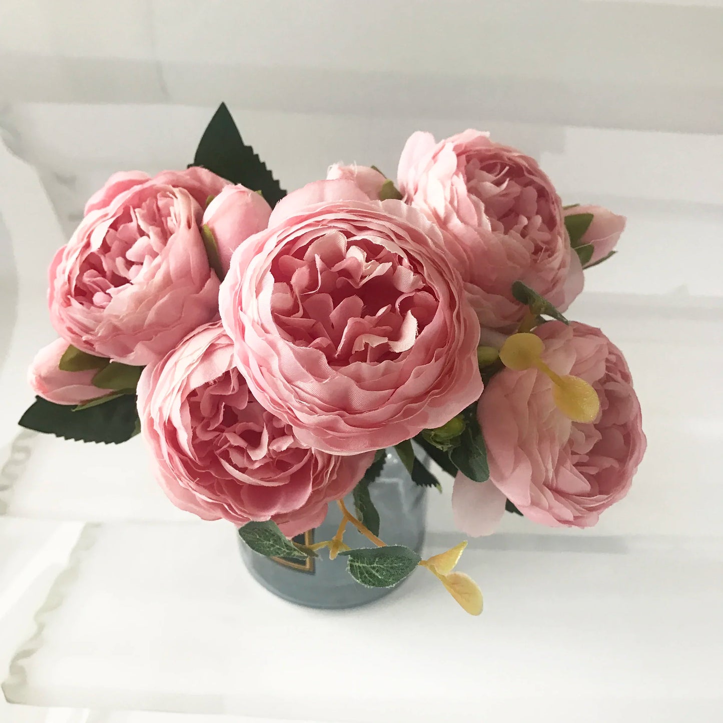 30Cm Rose Pink Silk Peony Artificial Flowers Bouquet 5 Big Head and 4 Bud Cheap Fake Flowers for Home Wedding Decoration Indoor
