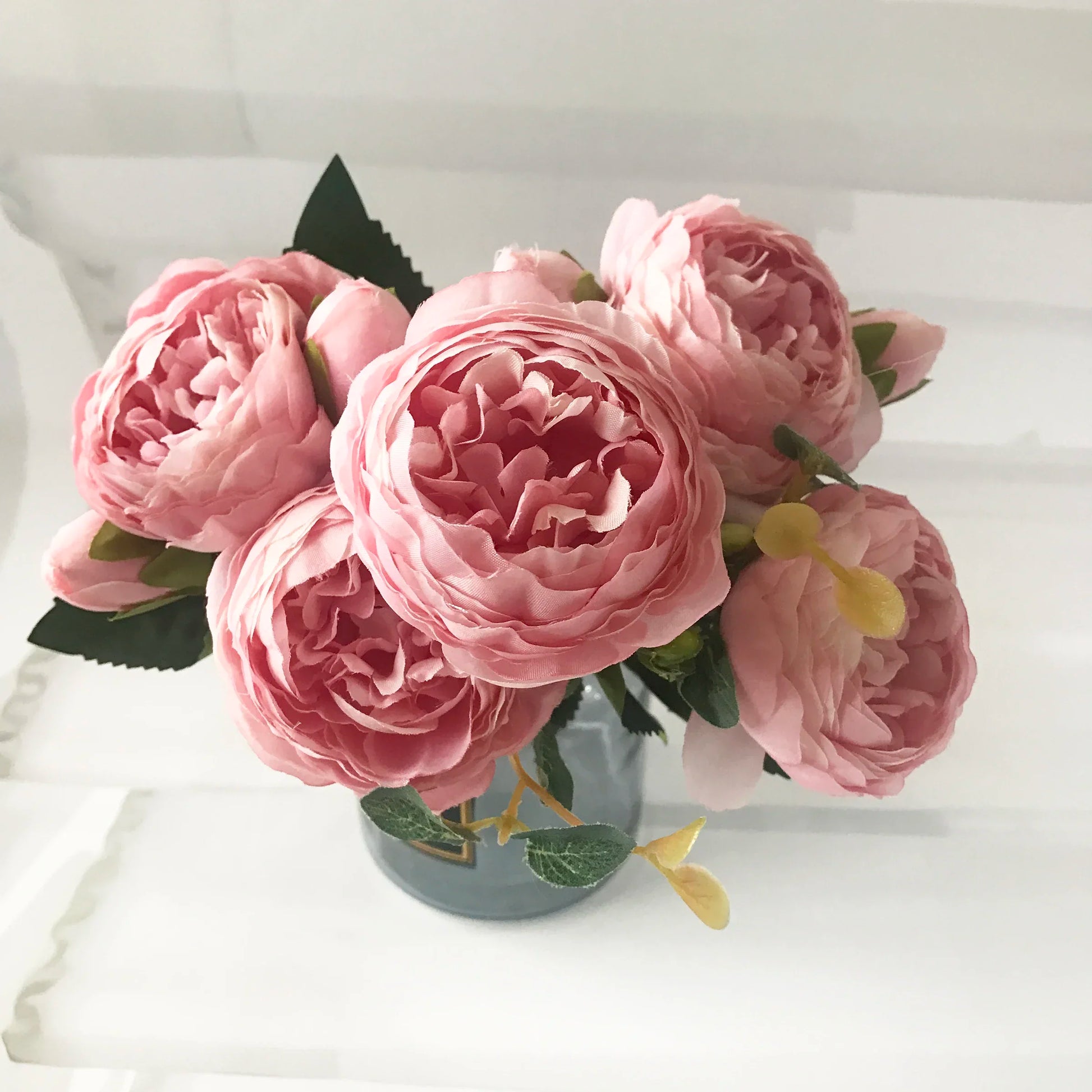 30Cm Rose Pink Silk Peony Artificial Flowers Bouquet 5 Big Head and 4 Bud Cheap Fake Flowers for Home Wedding Decoration Indoor