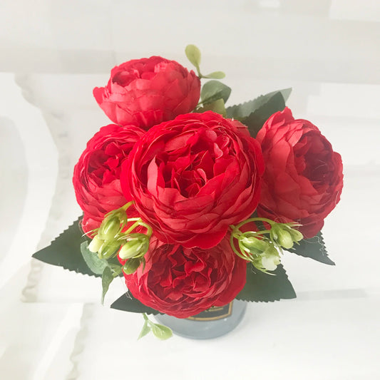30Cm Rose Pink Silk Peony Artificial Flowers Bouquet 5 Big Head and 4 Bud Cheap Fake Flowers for Home Wedding Decoration Indoor