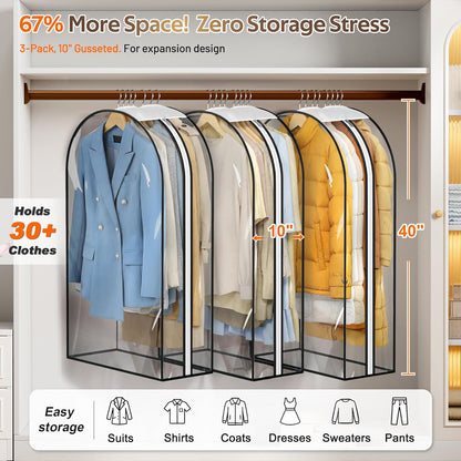 Gusseted Clear Suit Covers Garment Bags for Clothes 100Cm Waterproof Cothes Covers Protector Bags with Side Zip for Coats, Shirts, Dresses, 3 Packs