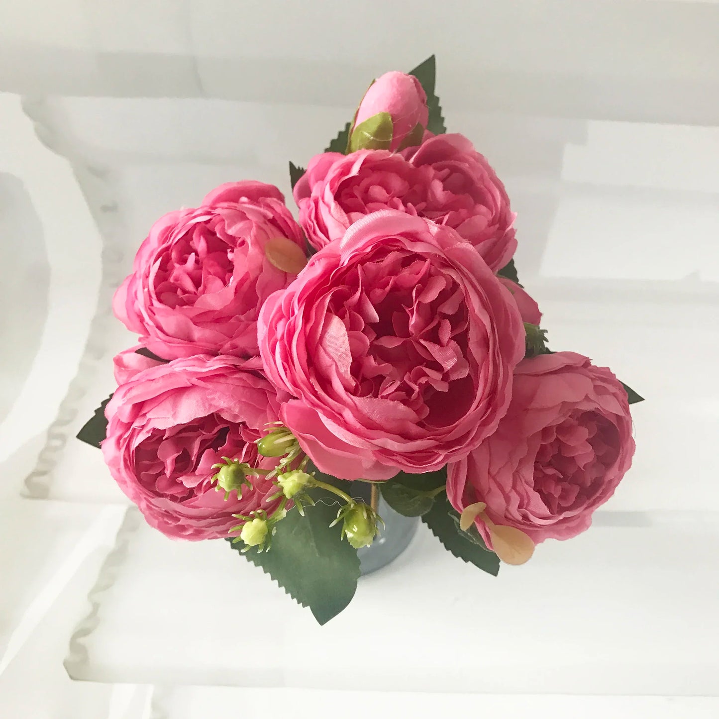 30Cm Rose Pink Silk Peony Artificial Flowers Bouquet 5 Big Head and 4 Bud Cheap Fake Flowers for Home Wedding Decoration Indoor